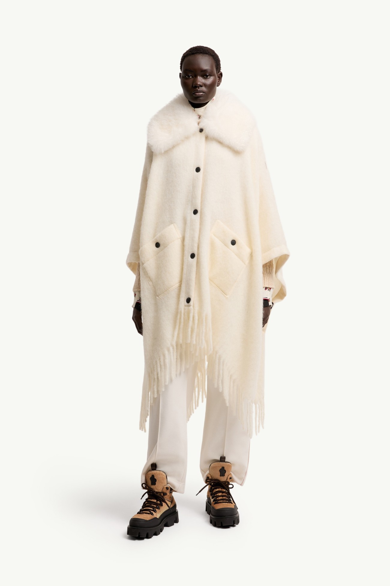 Shearling Collar Mohair, Alpaca & Wool Blend Cape Women White Ivory Moncler 3