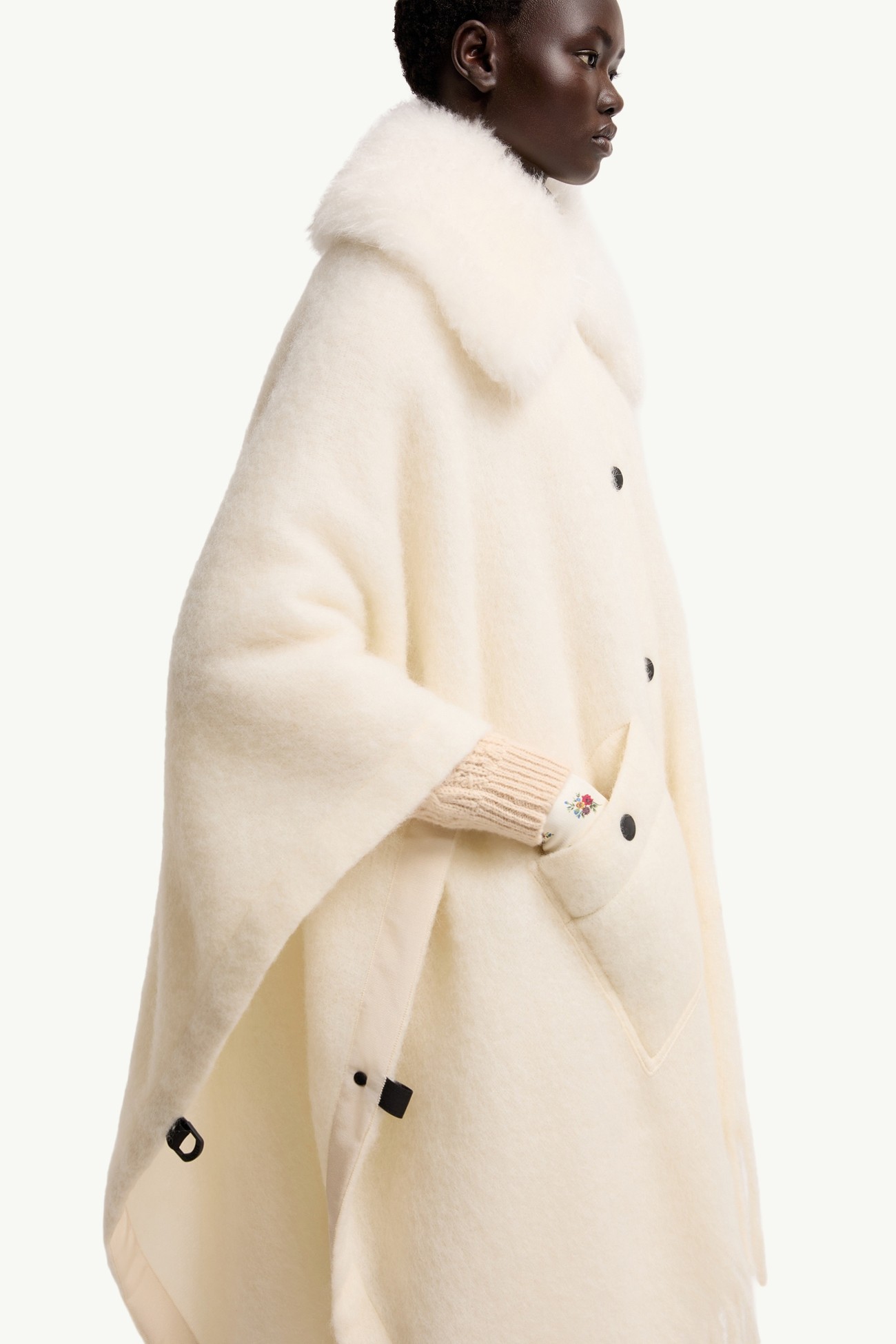 羔羊毛領馬海毛、羊駝毛和羊毛混紡斗篷 女士 象牙白色 Moncler 5