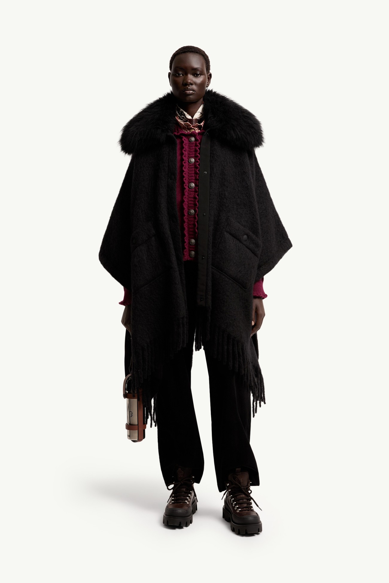 羔羊毛領馬海毛、羊駝毛和羊毛混紡斗篷 女士 黑色 Moncler 0