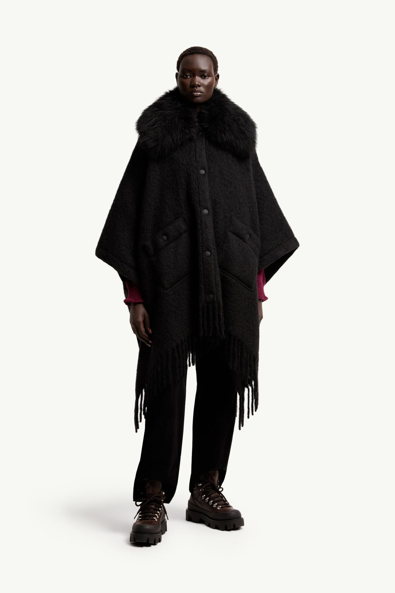 Shearling Collar Mohair, Alpaca & Wool Blend Cape Women Black Moncler 3