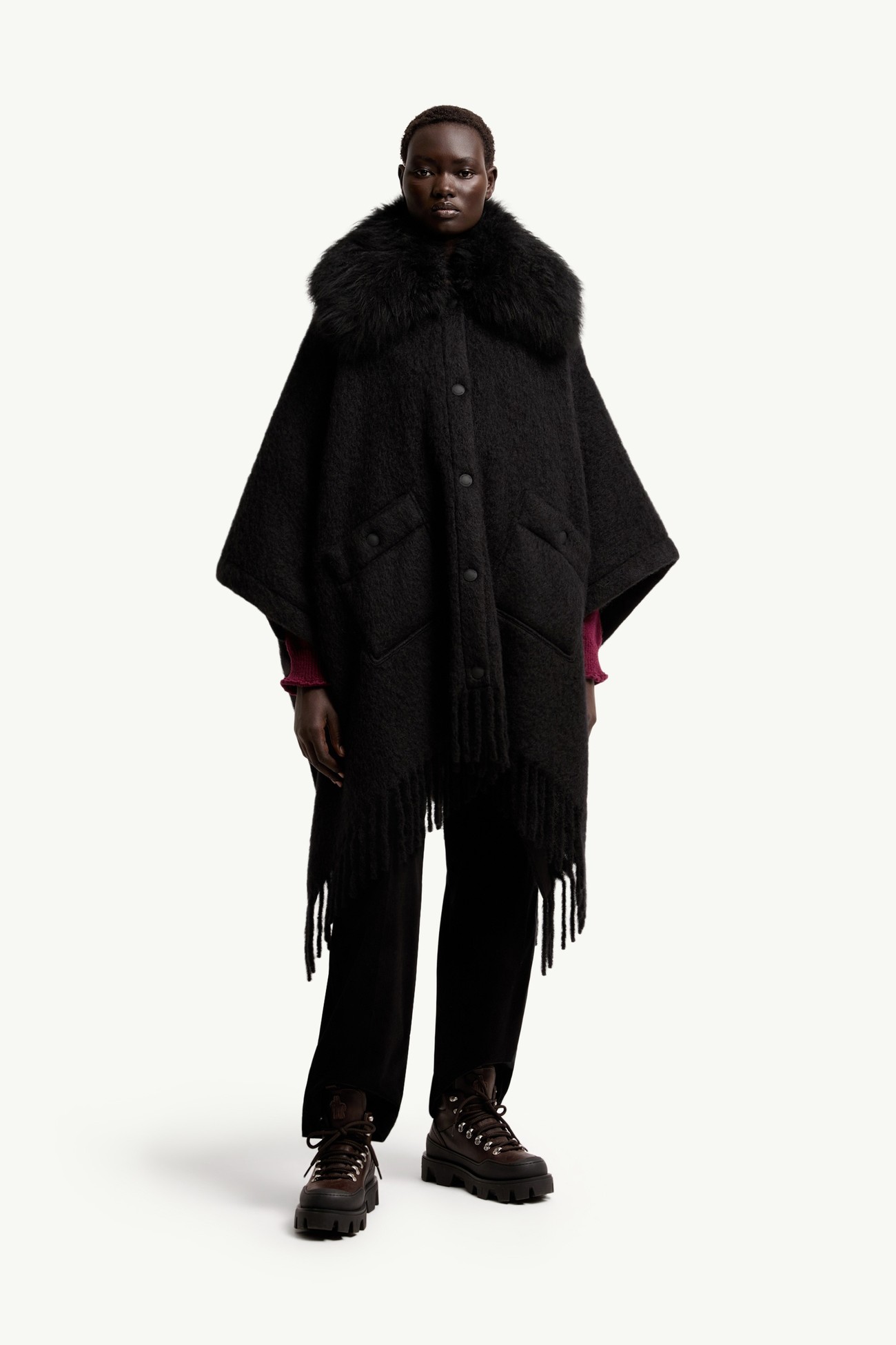 女士羊毛皮衣领马海毛、羊驼毛和羊毛混纺斗篷 女士 黑色 Moncler 3