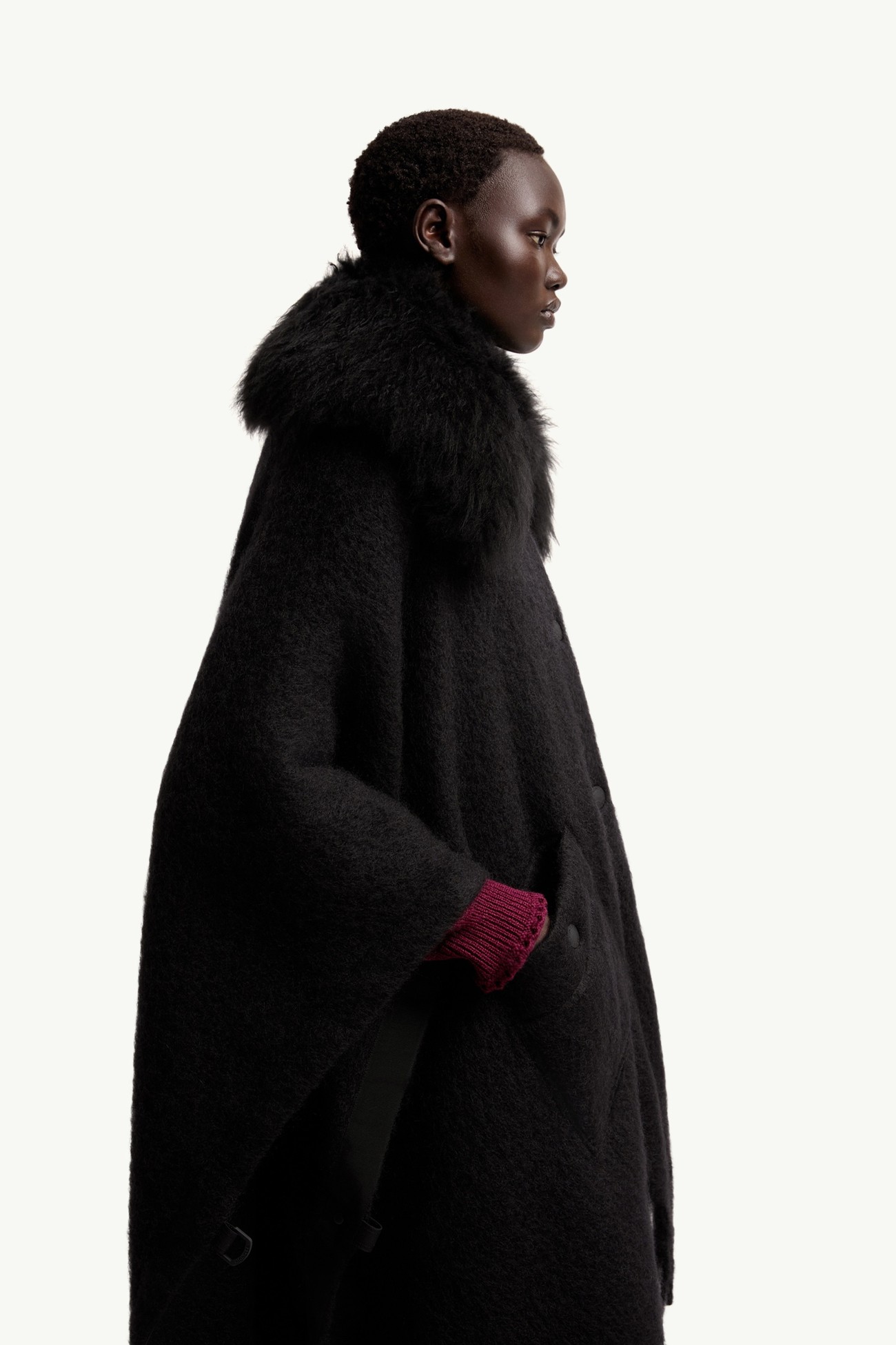Shearling Collar Mohair, Alpaca & Wool Blend Cape Women Black Moncler 5