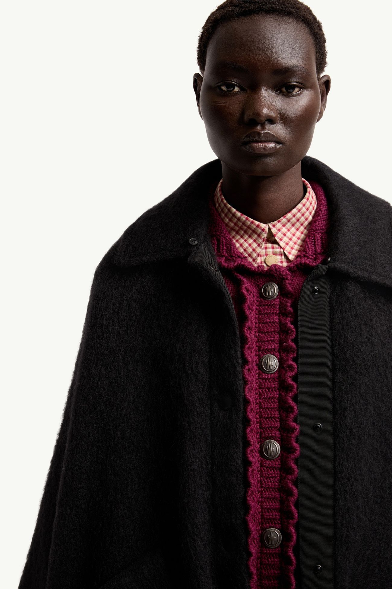 女士羊毛皮衣领马海毛、羊驼毛和羊毛混纺斗篷 女士 黑色 Moncler 6