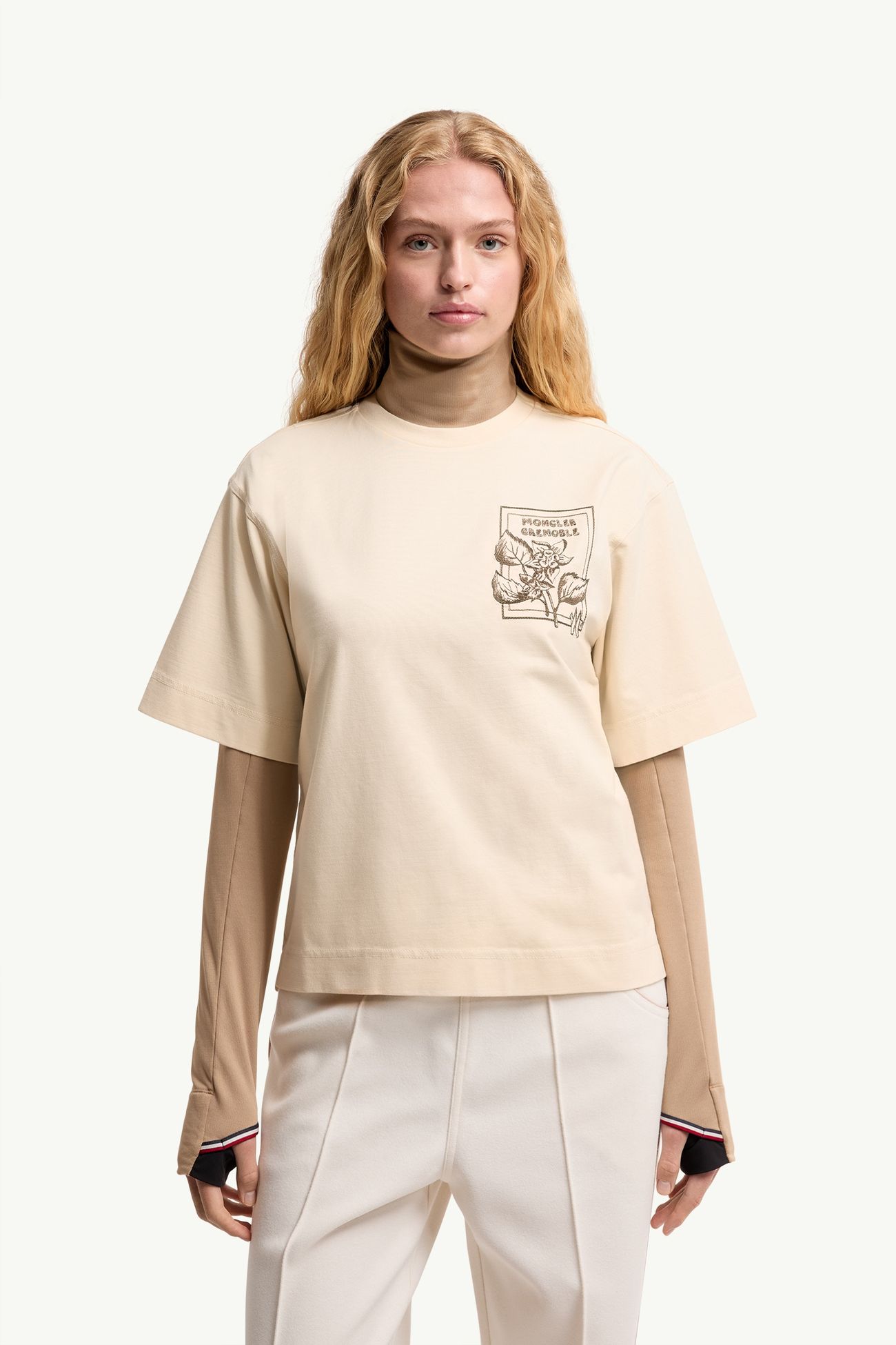 Camiseta de mezcla de algodón con estampado de flores Mujer Blanco Marfil Moncler 3