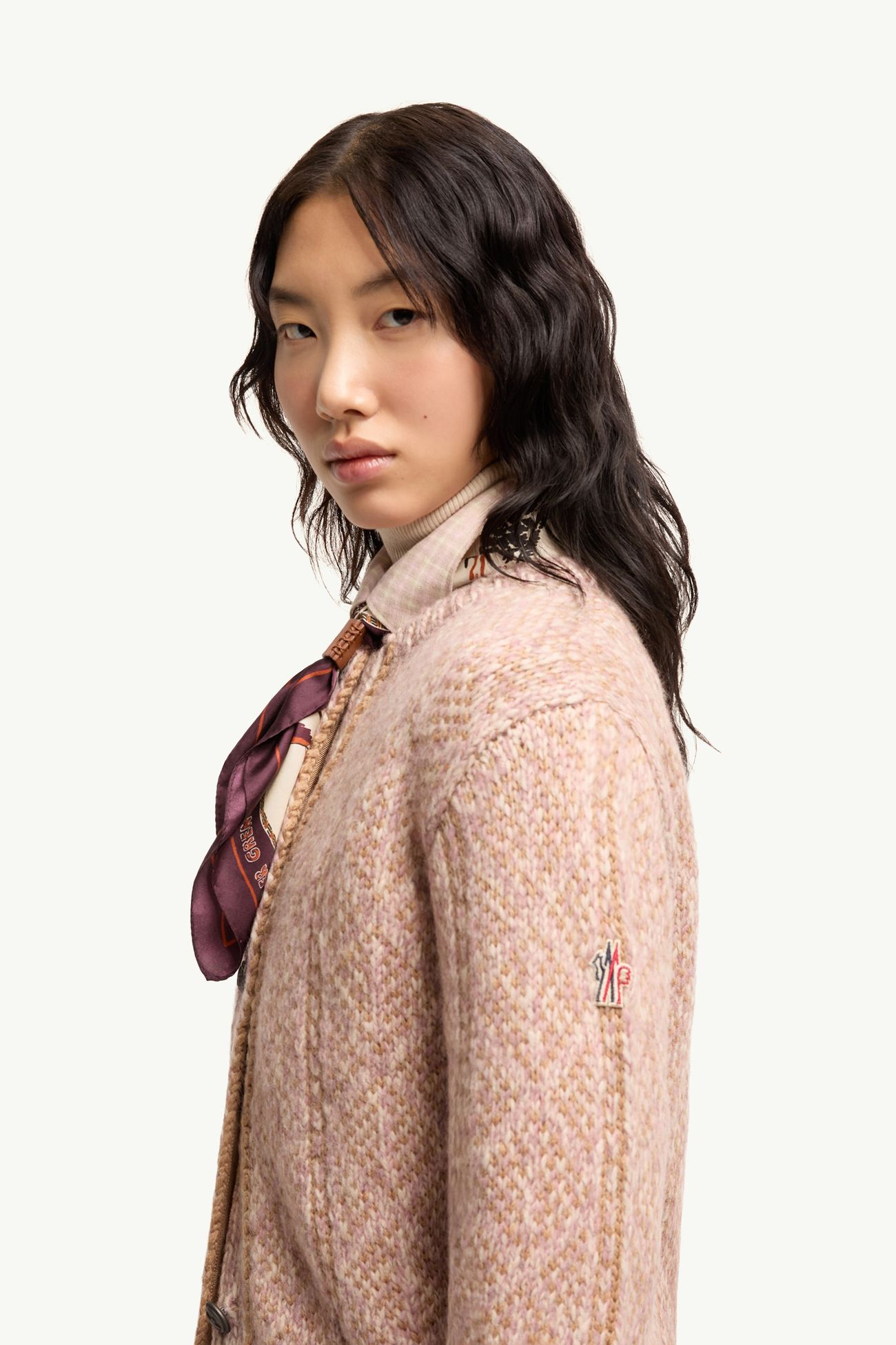 Cardigan en alpaga et laine mélangés à motif argyle en jacquard Femmes Blanc & Rose Moncler 1