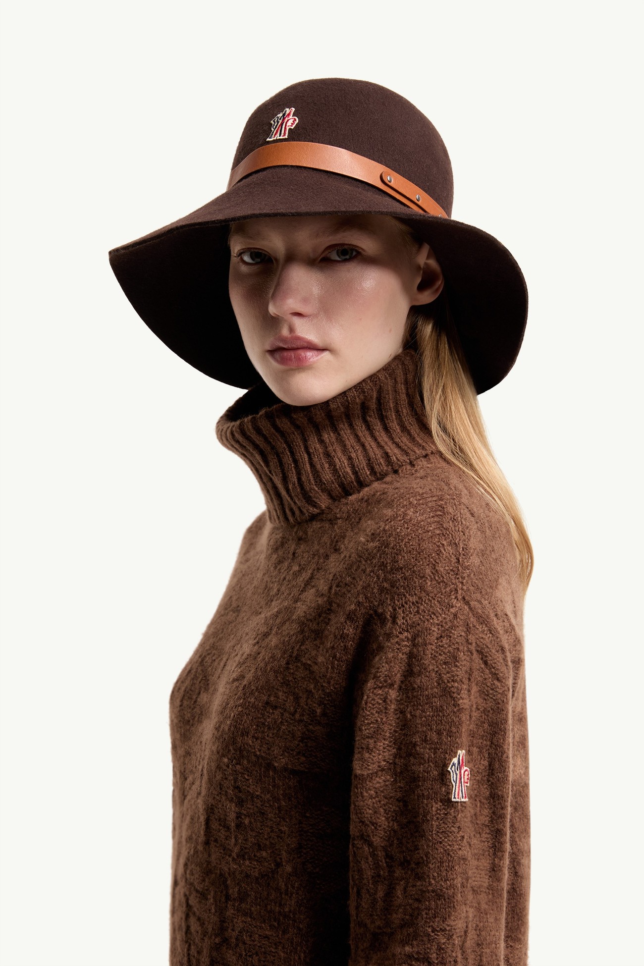 Leaf Motif Wool Blend Polo Neck Jumper Women Brown Moncler 1