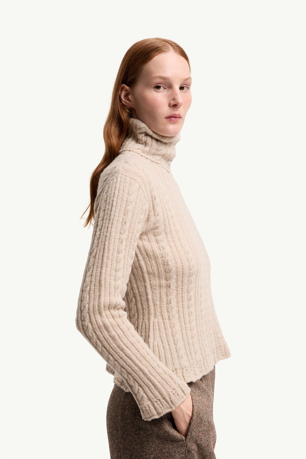 Rollkragenpullover aus Wollmischung mit Zopfmusterstrick Damen Hellbeige Moncler 5