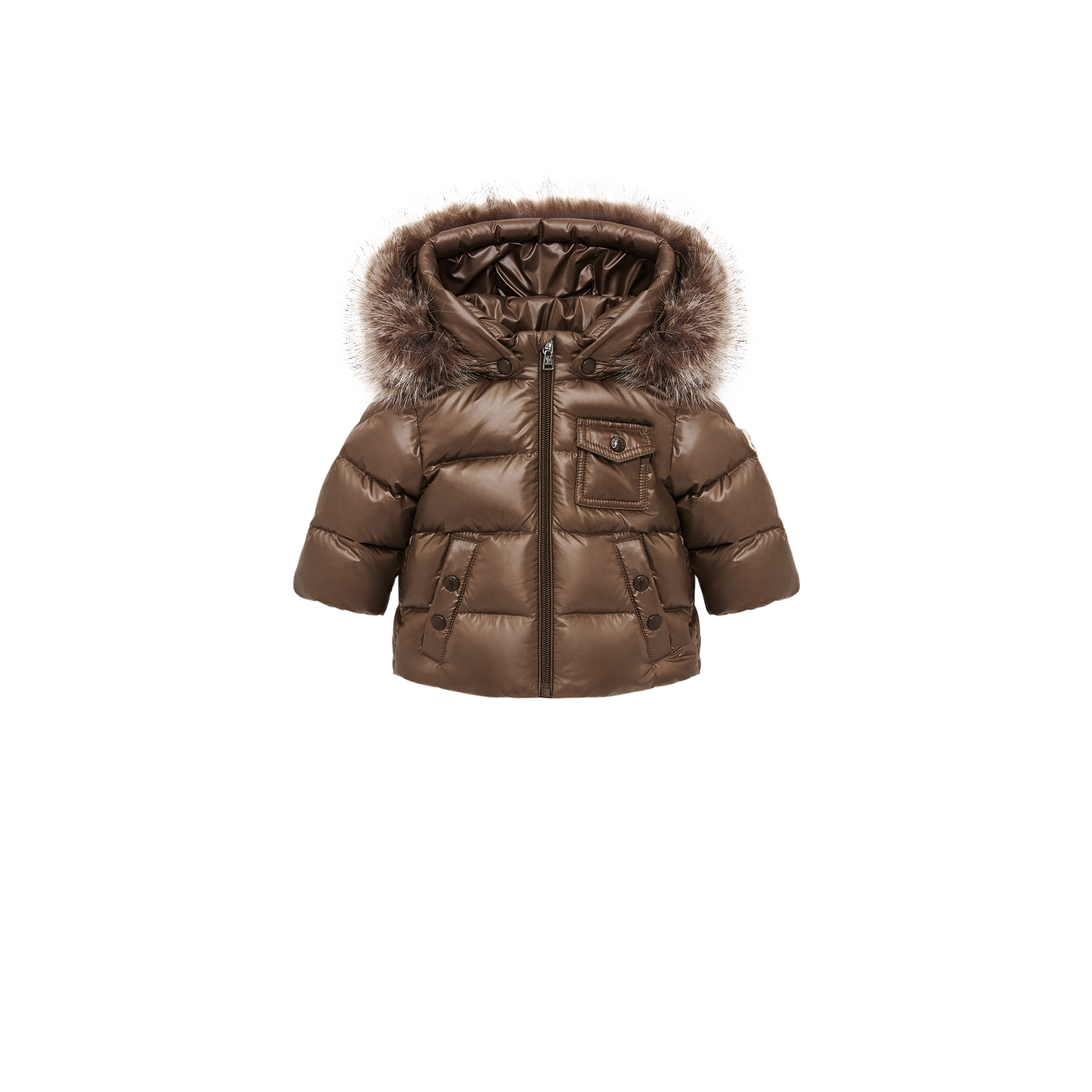 Moncler K2 Hooded Synthetic Material-Trimmed Down Jacket for Children in Brown, Size: 9/12M