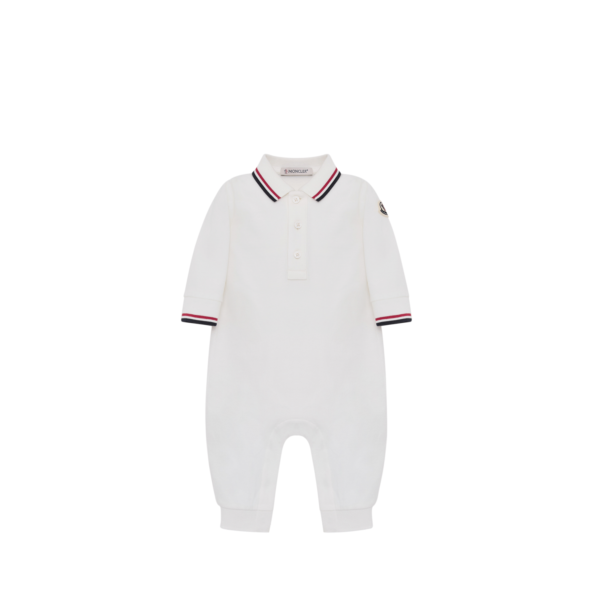 Moncler  Tricolour-Trimmed Cotton Piquet Baby Grow for Boys in White, Size: 9/12M