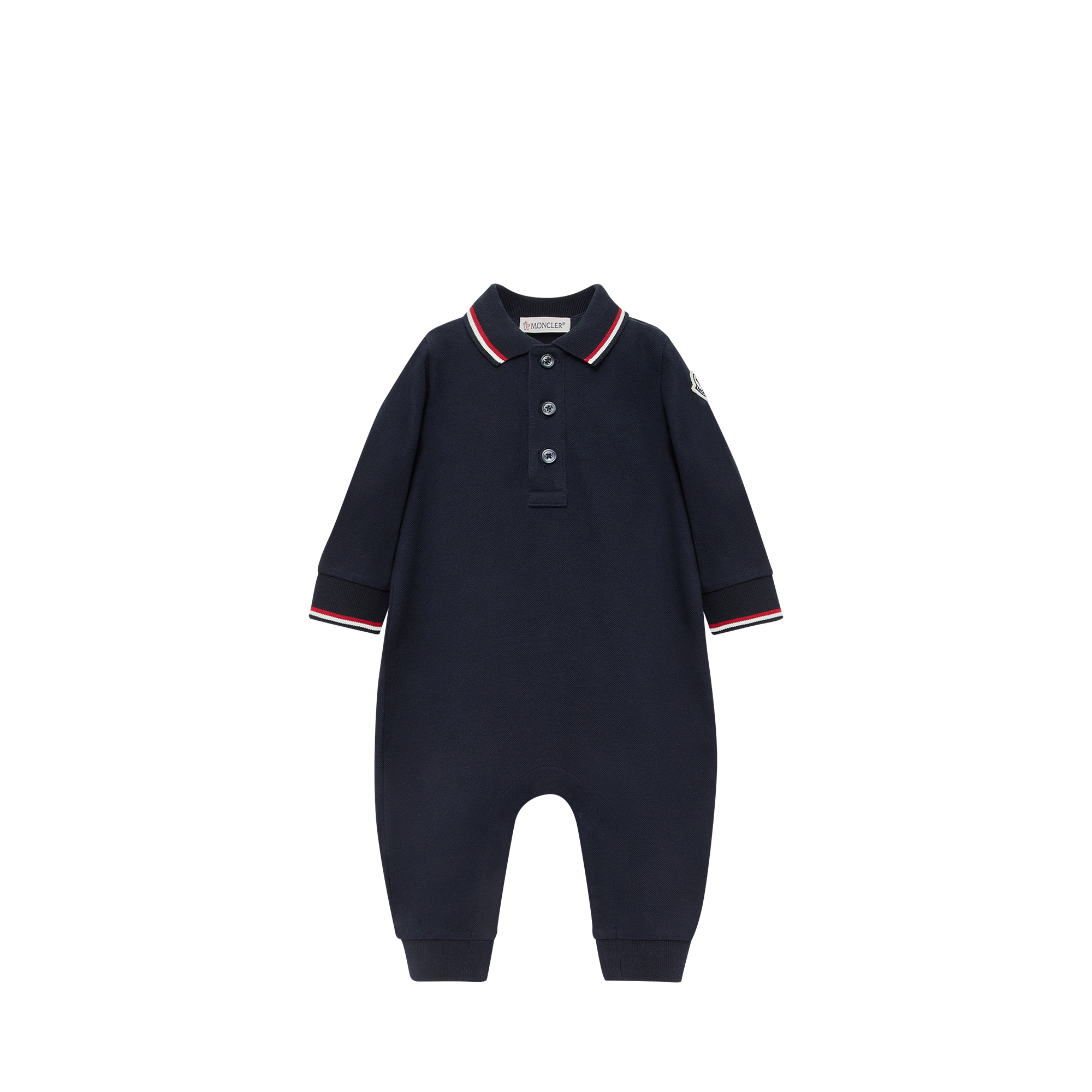 Moncler  Tricolour-Trimmed Cotton Piquet Baby Grow for Boys in Blue, Size: 9/12M
