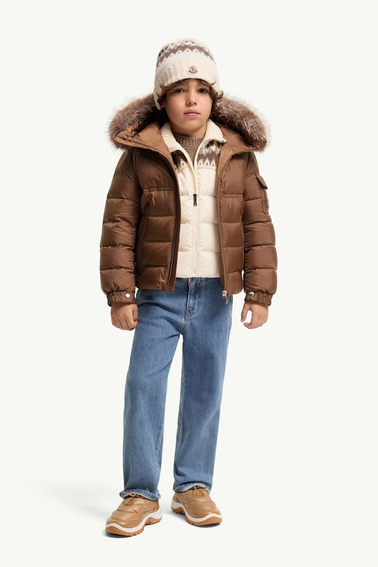 New Byronf Hooded Synthetic Material-Trimmed Down Jacket Boy Light Brown Moncler 1