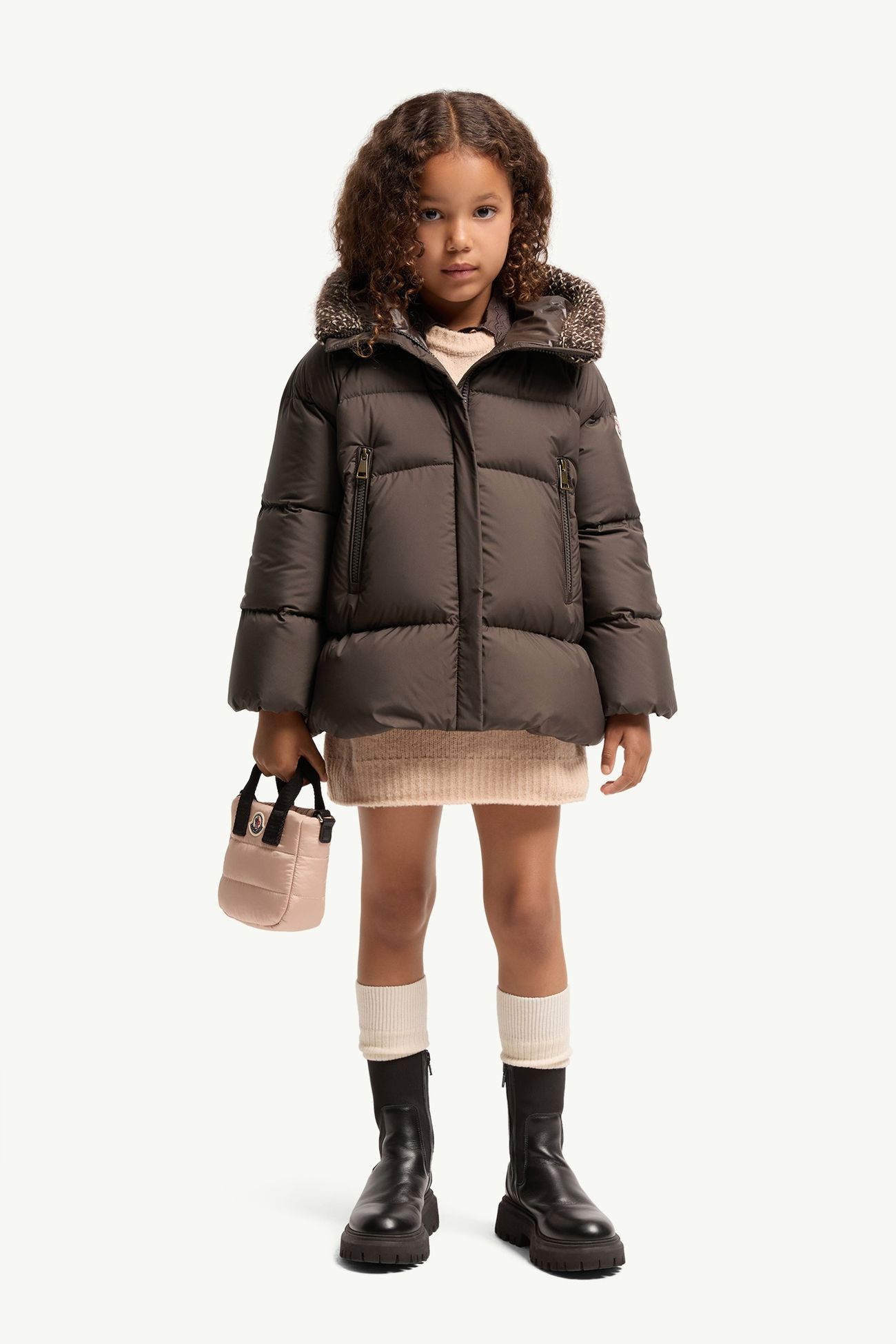 Duilla Hooded Wool Blend Trim Down Jacket Girl Brown Moncler 1