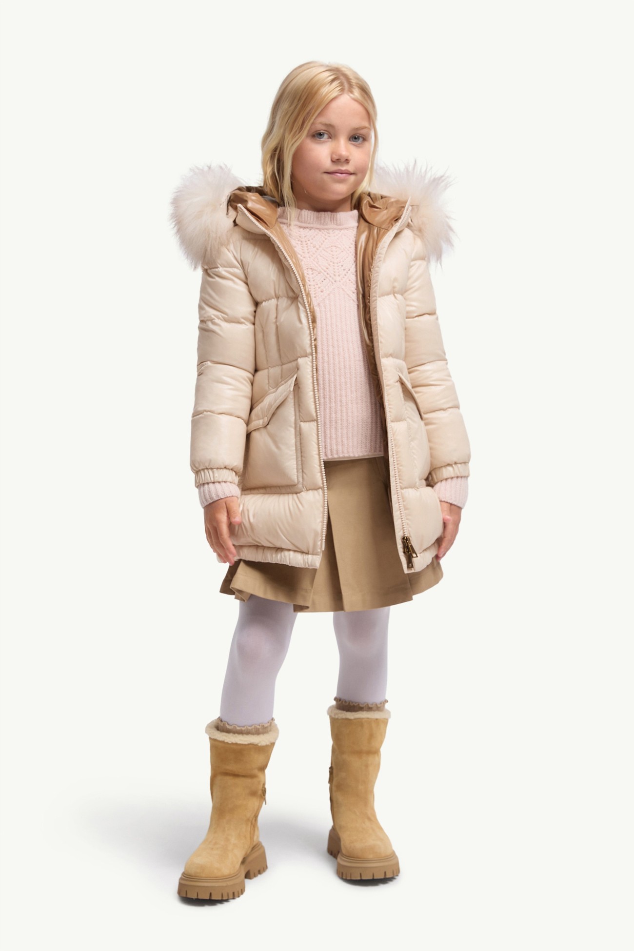 Aruna Shearling-Trimmed Hooded Down Jacket Girl Light Beige Moncler 1