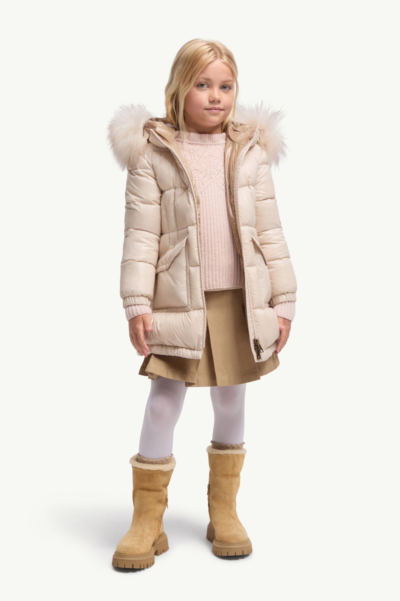 Piumino Aruna con Cappuccio Rifinito in Shearling Bambina Beige Chiaro Moncler 1