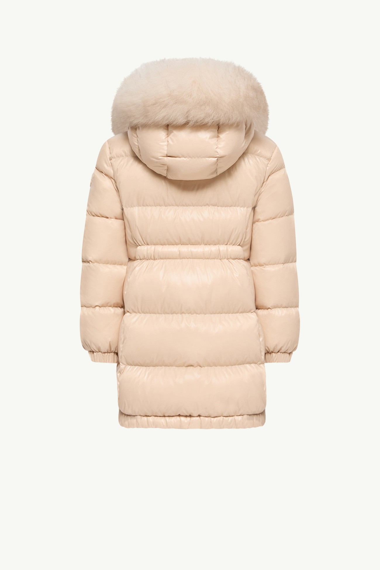 Plumífero con capucha y ribete de lana de oveja joven Aruna Niña Beige Claro Moncler 3