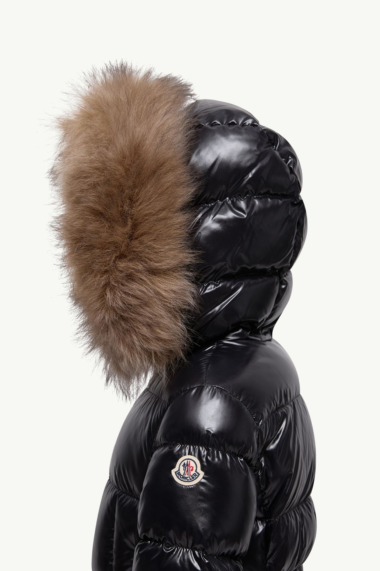 Aruna羔羊毛飾邊連帽羽絨外套 女童 黑色和米色 Moncler 1