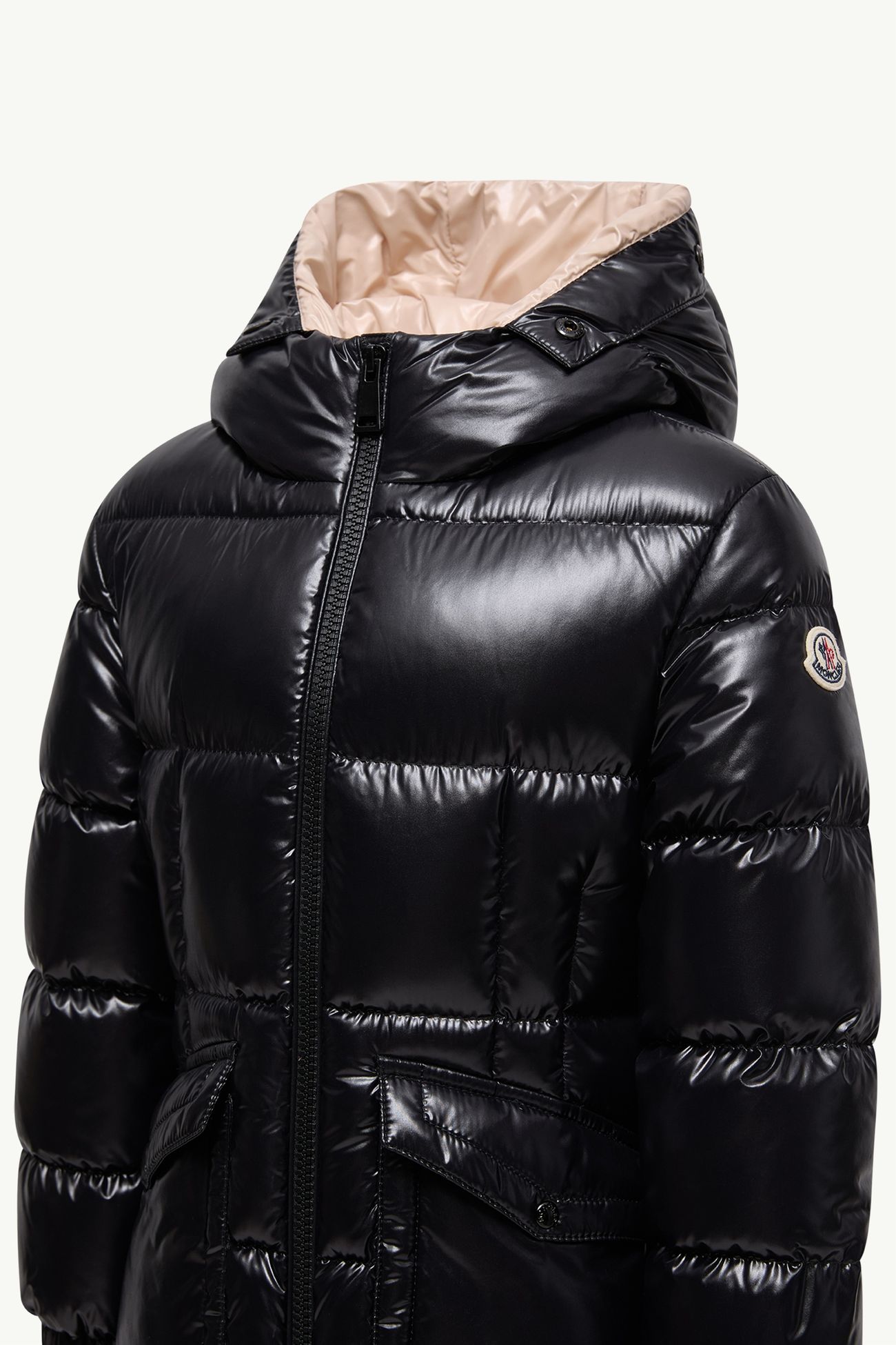 Piumino Aruna con Cappuccio Rifinito in Shearling Bambina Nero & Beige Moncler 3