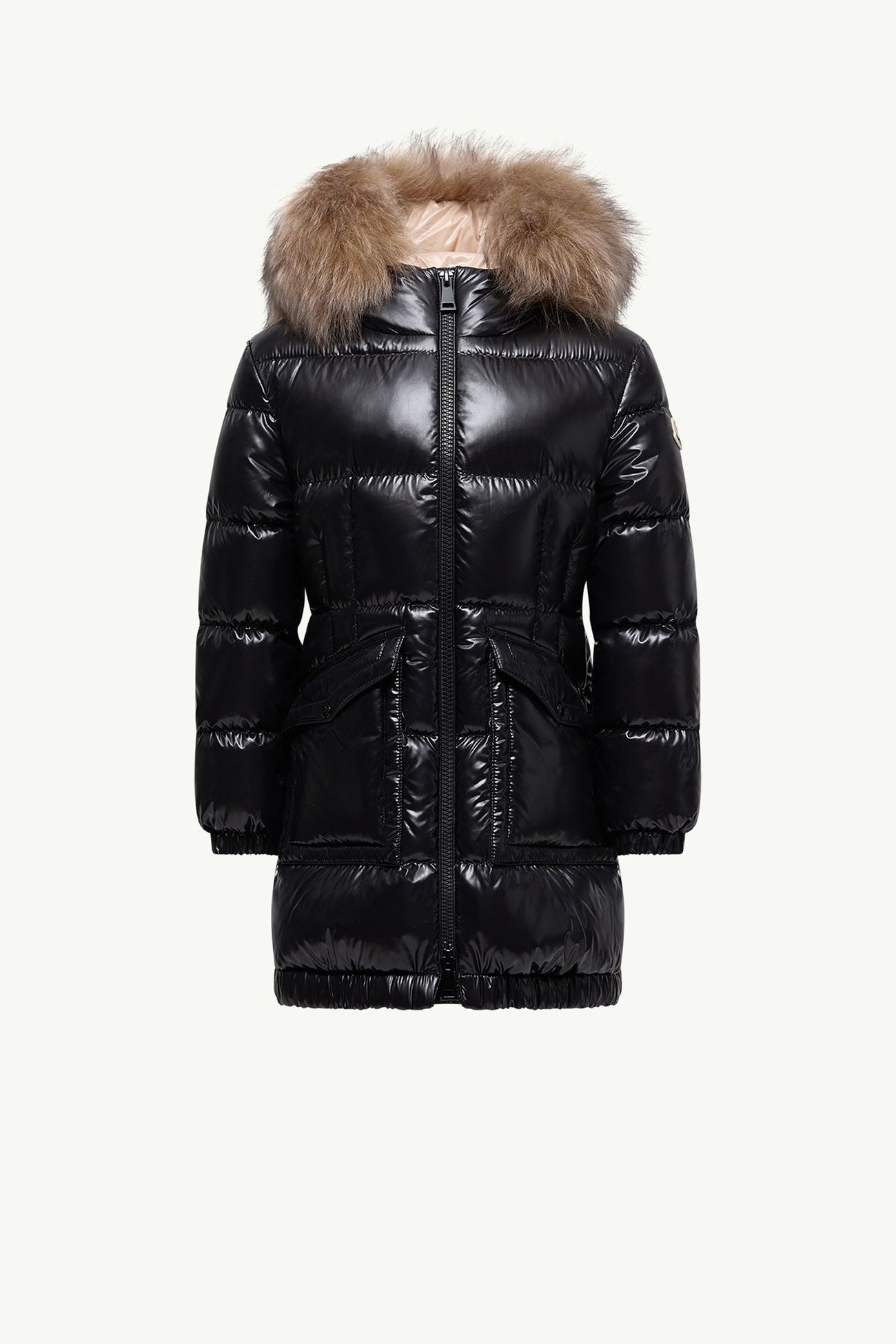 Aruna女童羊毛饰边连帽羽绒夹克外套 女童 黑色 & 坚果米色 Moncler 0