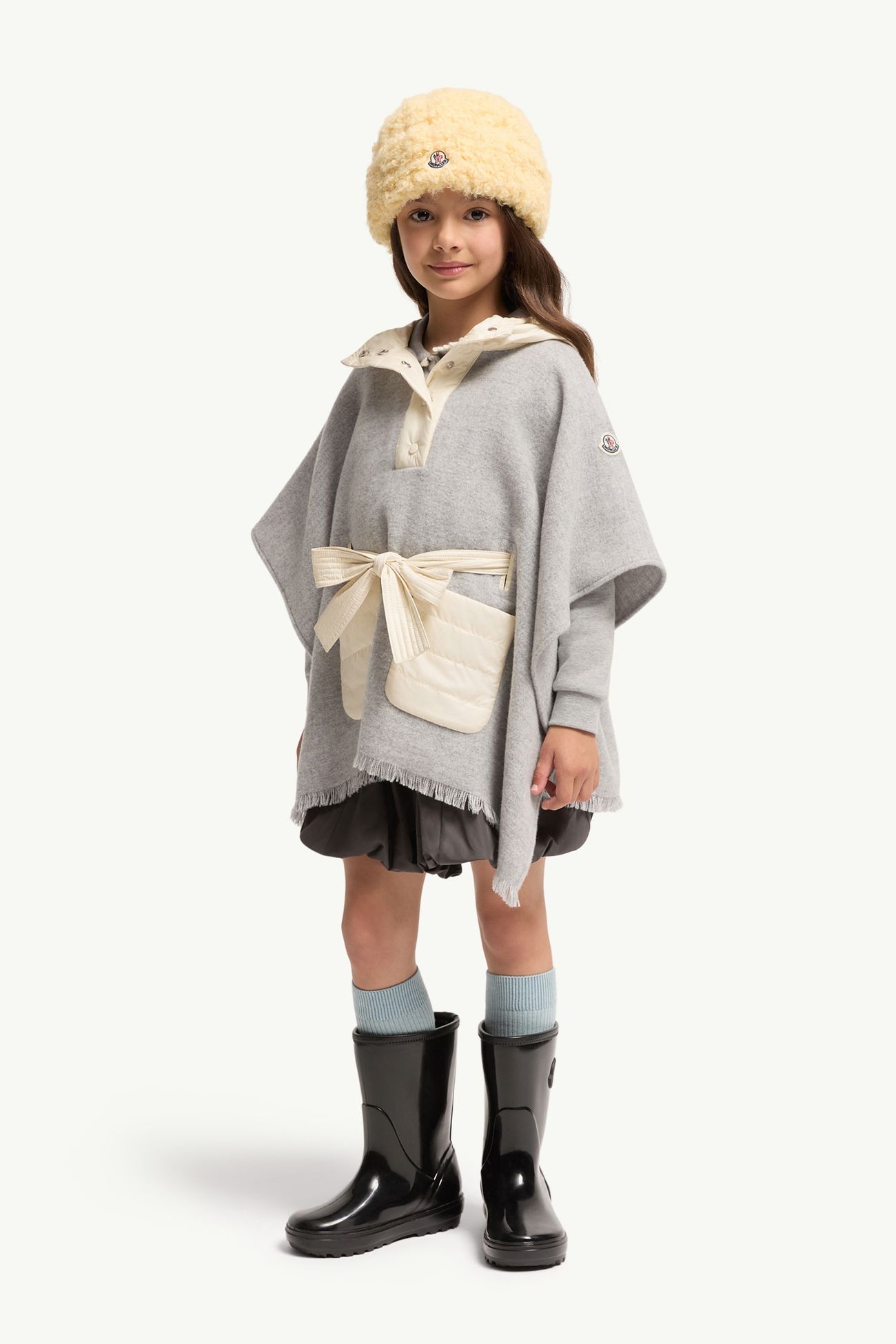 Cape matelassée à capuche en laine Fille Gris Moncler 0