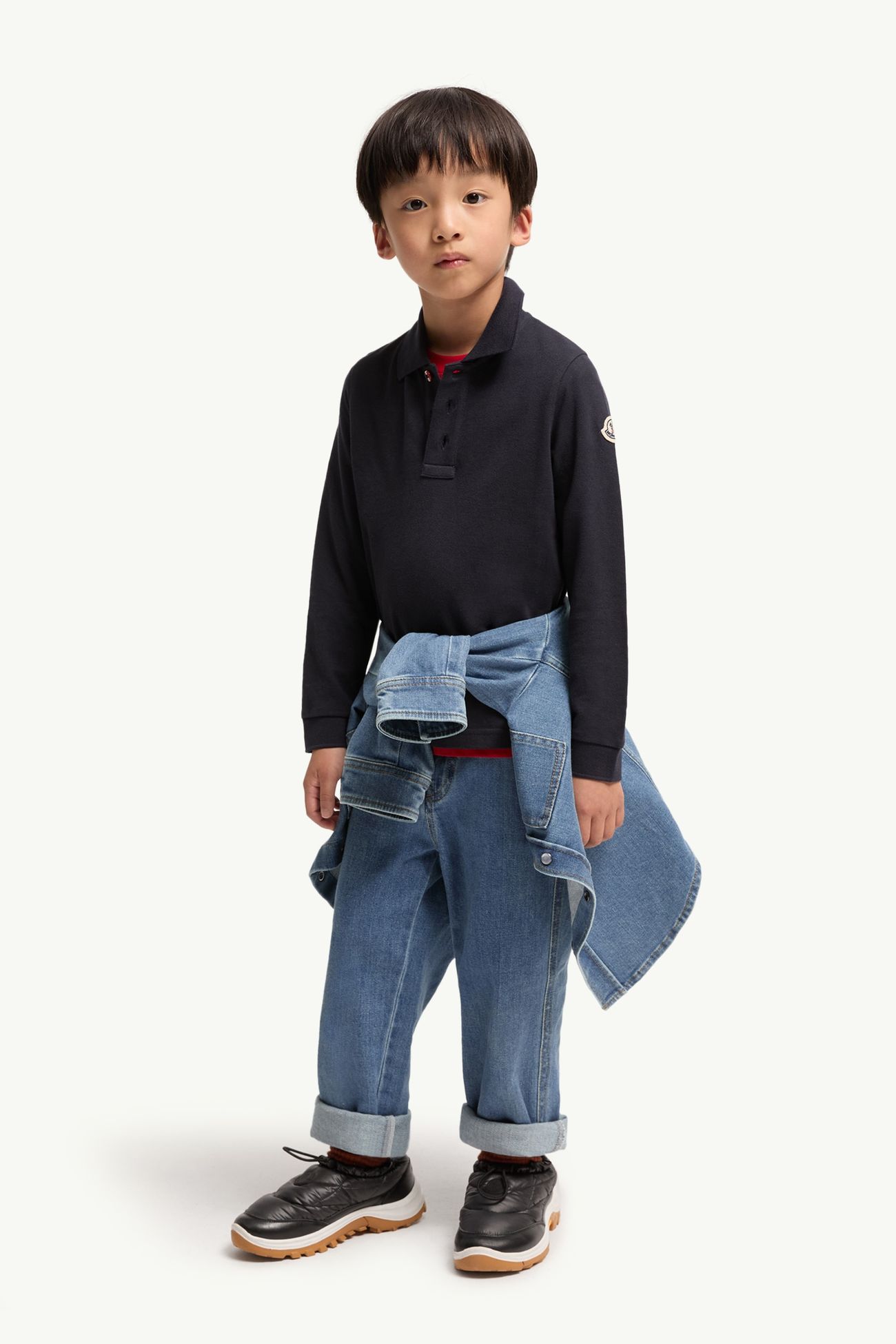 Cotton Piquet Long Sleeve Polo Shirt Boy Navy Blue Moncler 1