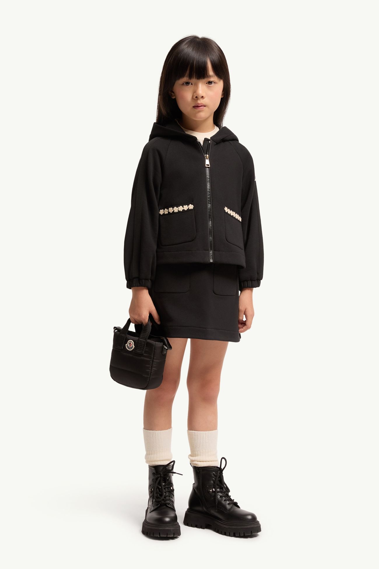 Cotton Blend Zip-Up Hoodie Girl Black Moncler 1