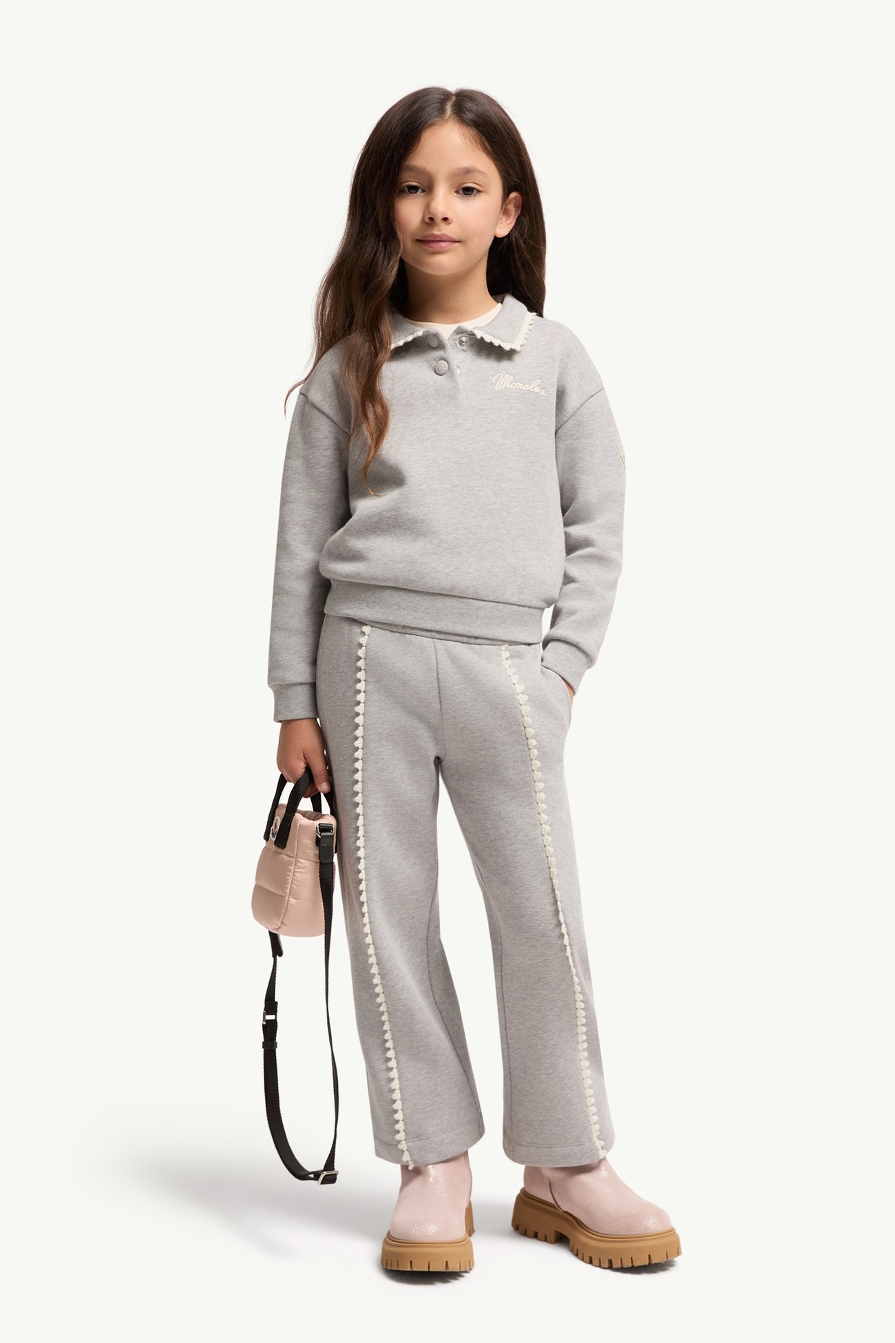 Cotton Fleece Trimmed Track Pants Girl Gray Moncler 1