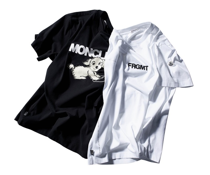 Moncler x Fragment, children's black and white t-shirts with logo and dog print, grey trousers. 