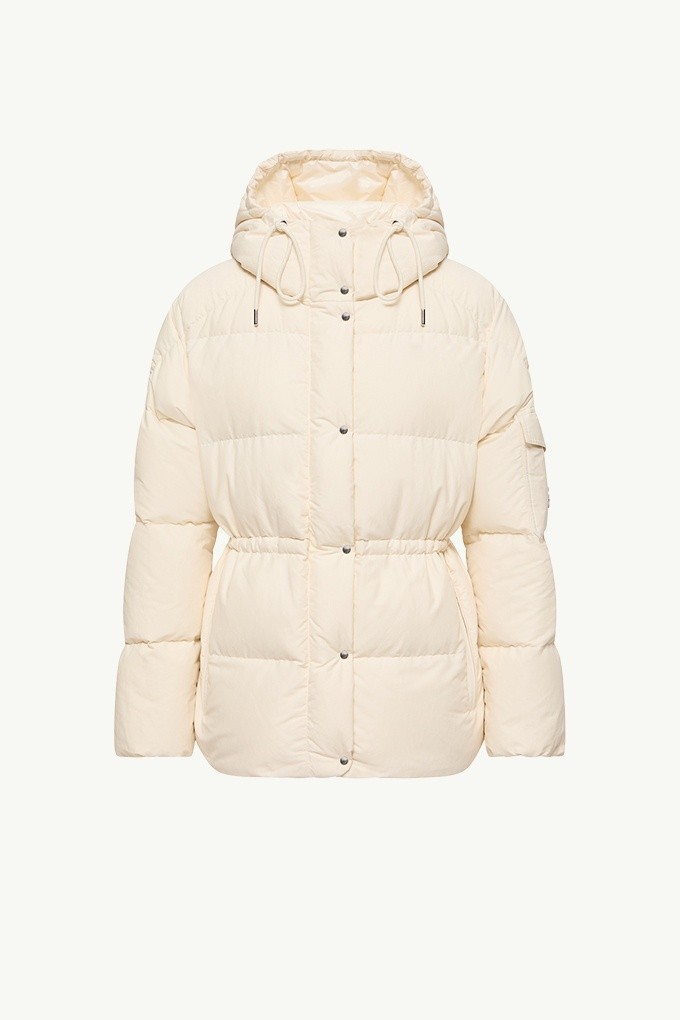 Moncler Re/Icons 2026, Himalaya Daunenjacke für Damen in Creme mit Kapuze, Druckknöpfen und Tunnelzug in der Taille.