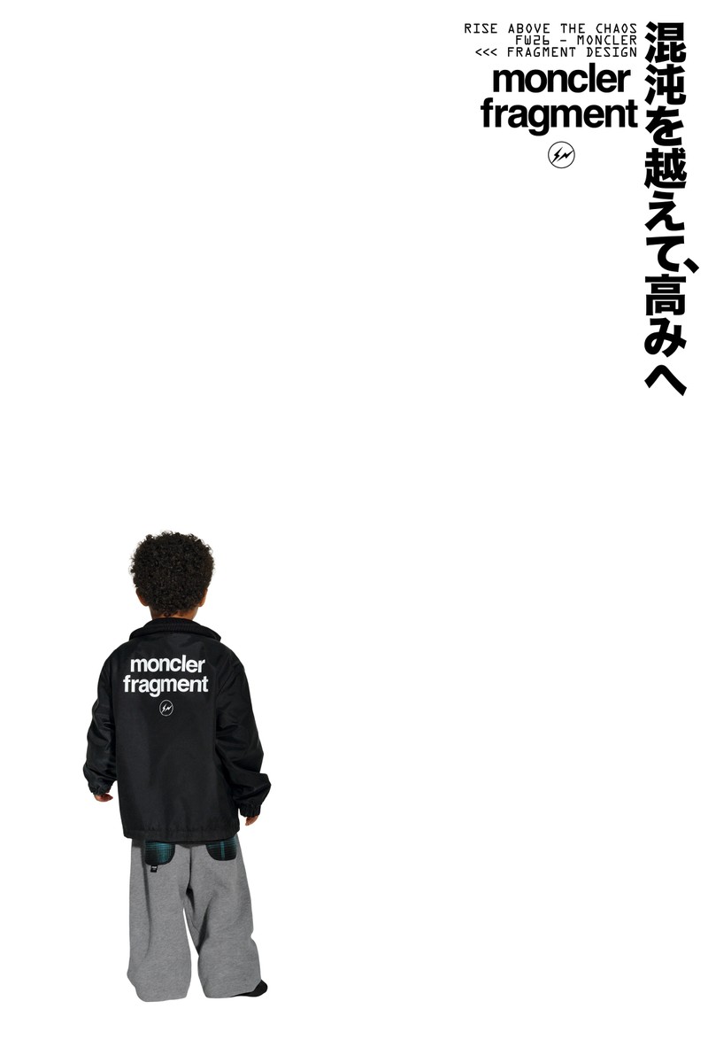 Moncler x Fragment : vestes à carreaux, bomber brodé, chaussure noire en daim, vêtements enfant, T-shirts.