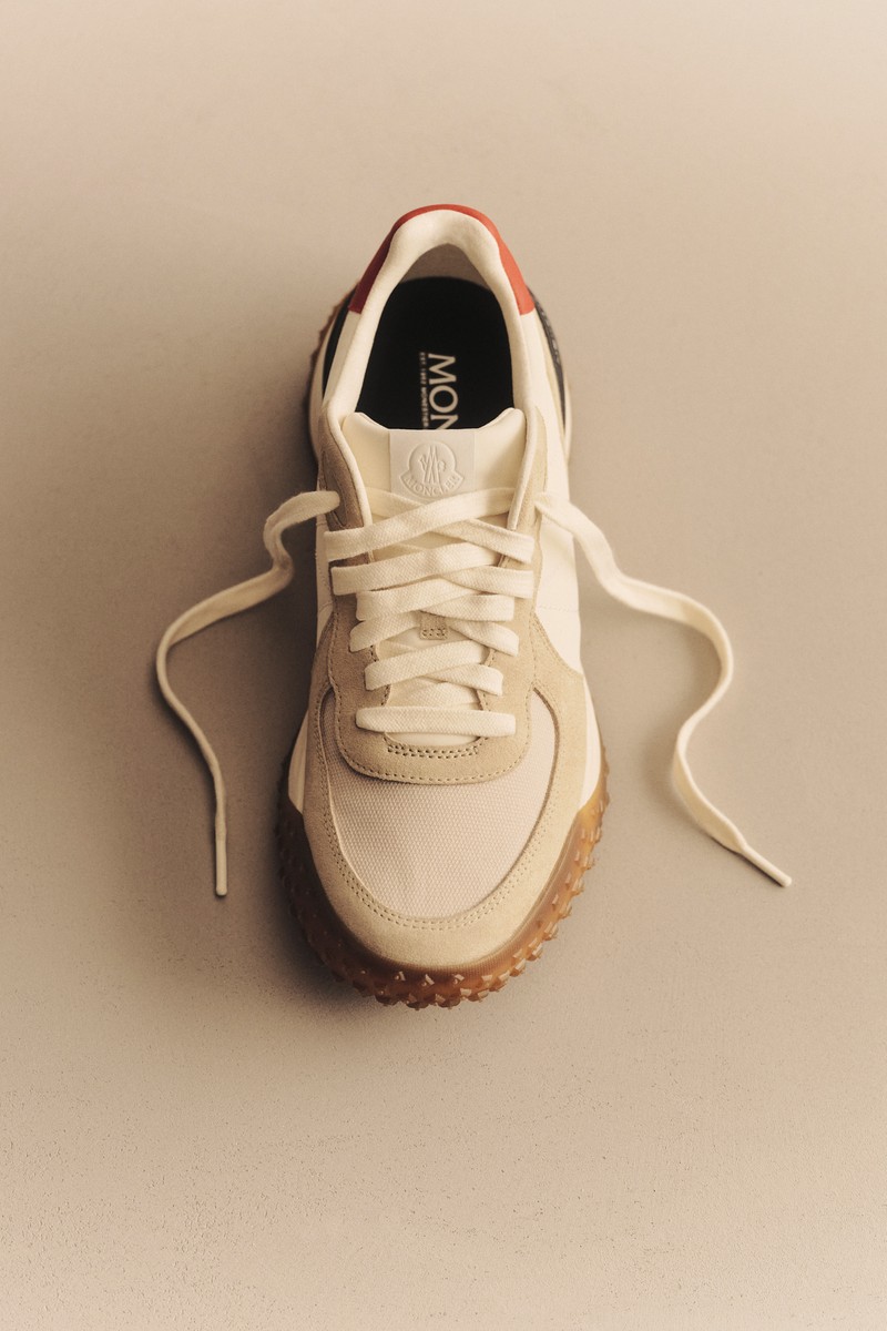Moncler CityTrek: beige and white sneakers with black and red details, shown from different angles and worn.