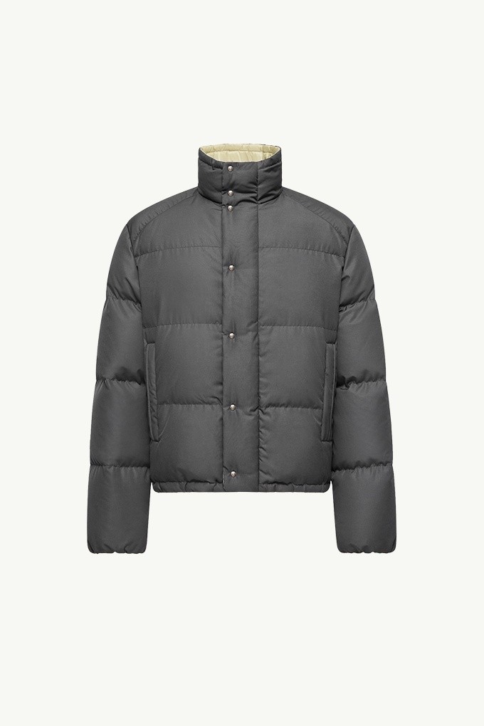 Moncler Re/Icons 2026, Verone men's short down jacket in dark grey with stand collar and snap front. 
