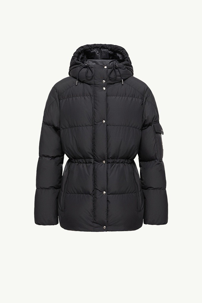 Moncler Re/Icons 2026, Himalaya women's down jacket in navy with hood, snap front and drawstring waist.