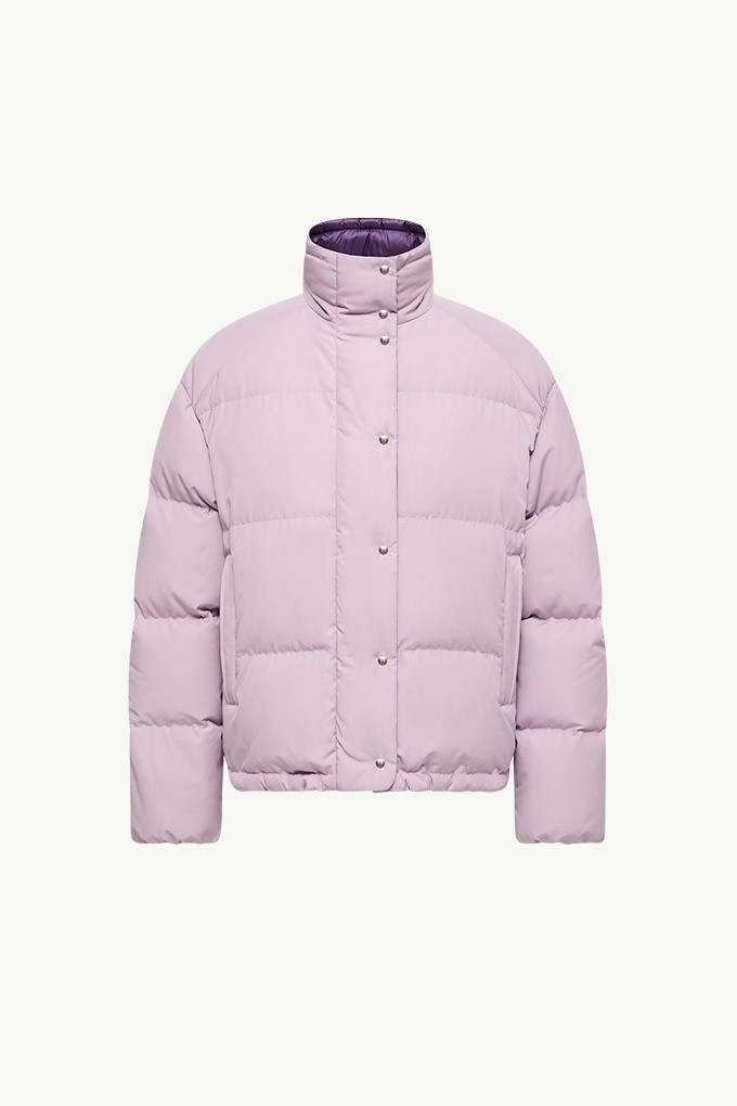 Moncler Re/Icons 2026, Verone women's short down jacket in lilac with stand collar and snap front. 