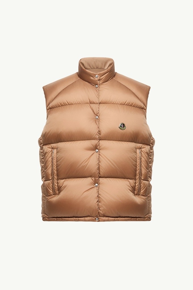Moncler Re/Icons 2026, Tibb women's down vest in camel with stand collar, snap front and logo patch.