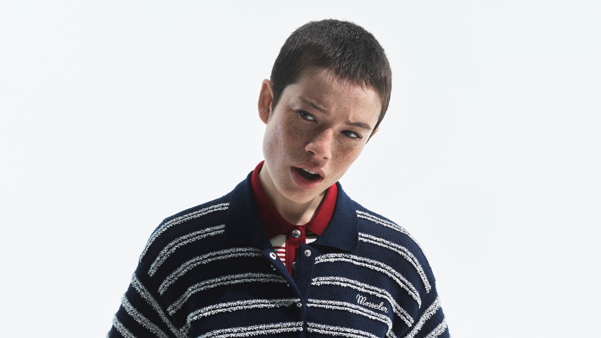 Polo in Crêpe Bouclé di Misto Cotone Blu da Uomo Moncler