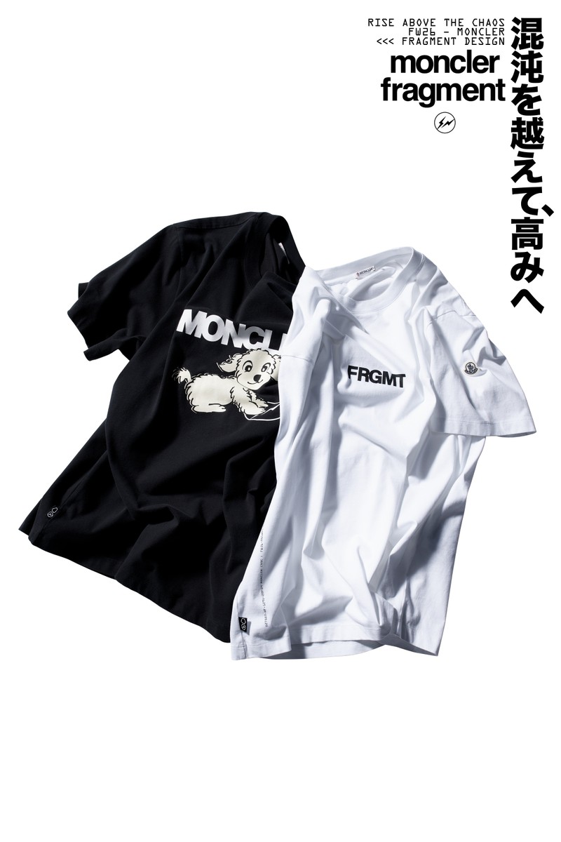 Moncler x Fragment:チェックジャケット、刺繍入りボンバージャケット、ブラックスエードシューズ、キッズウェア、Tシャツ。