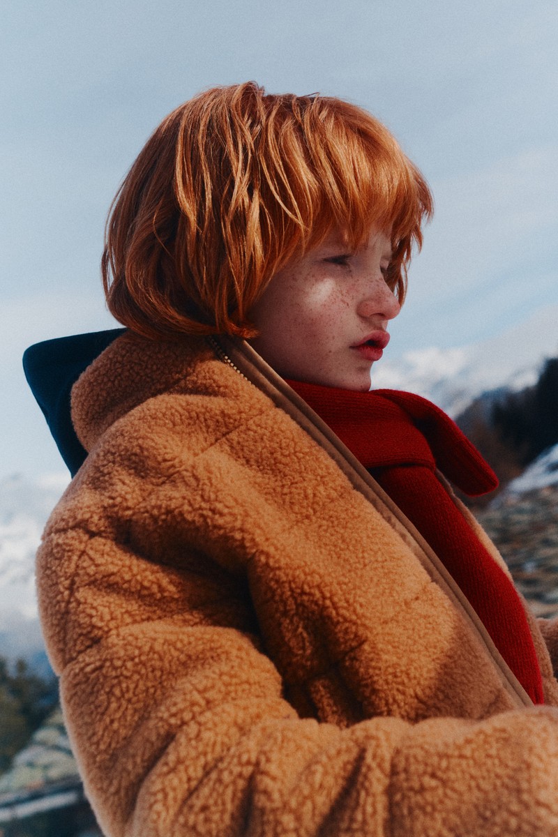 Moncler for Children. Camel teddy jacket and red scarf for boys.