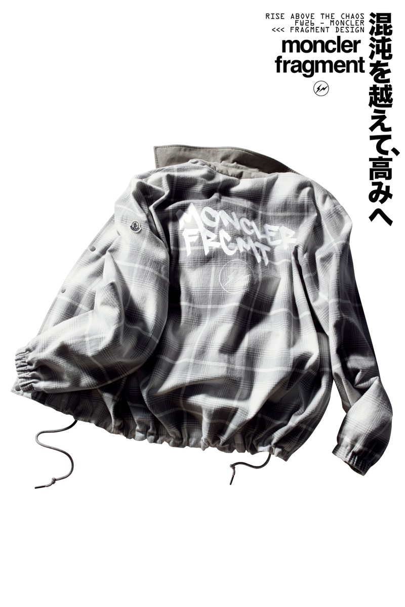 Moncler x Fragment: checked jackets, embroidered bomber jacket, black suede shoe, kidswear and T-shirts.