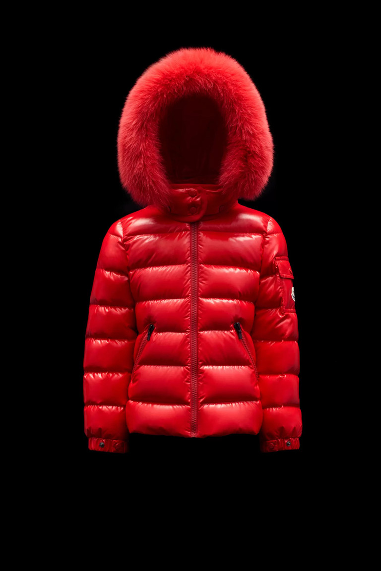 red moncler coat with fur hood