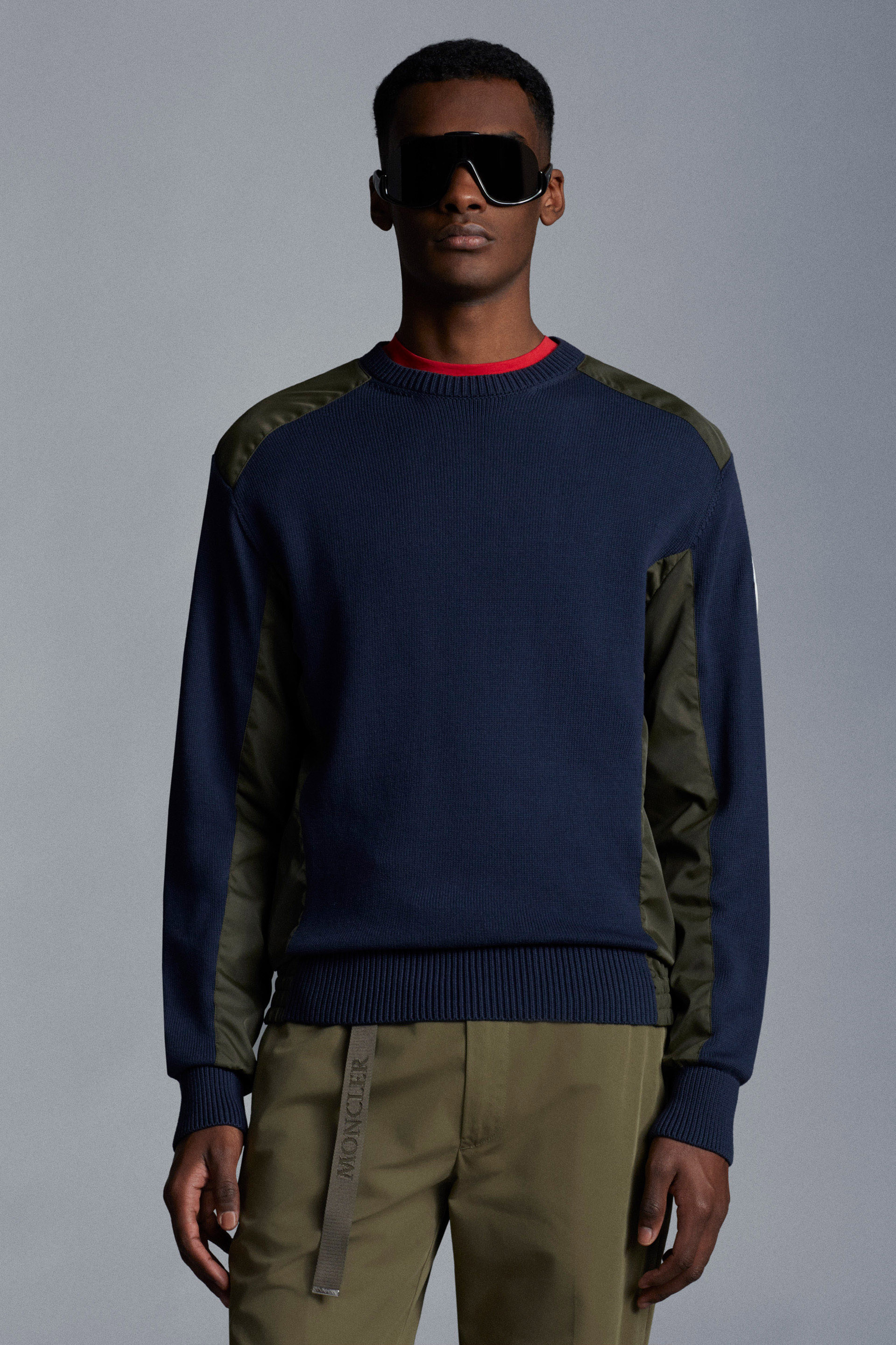 moncler lined padded panel sweater in dark blue