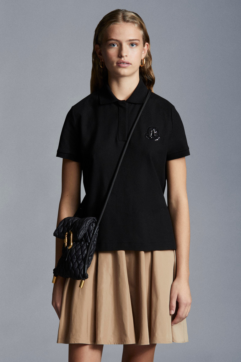 몽클레어 우먼 폴로 셔츠 Moncler Logo Sequin-Embroidered Polo Shirt,Black