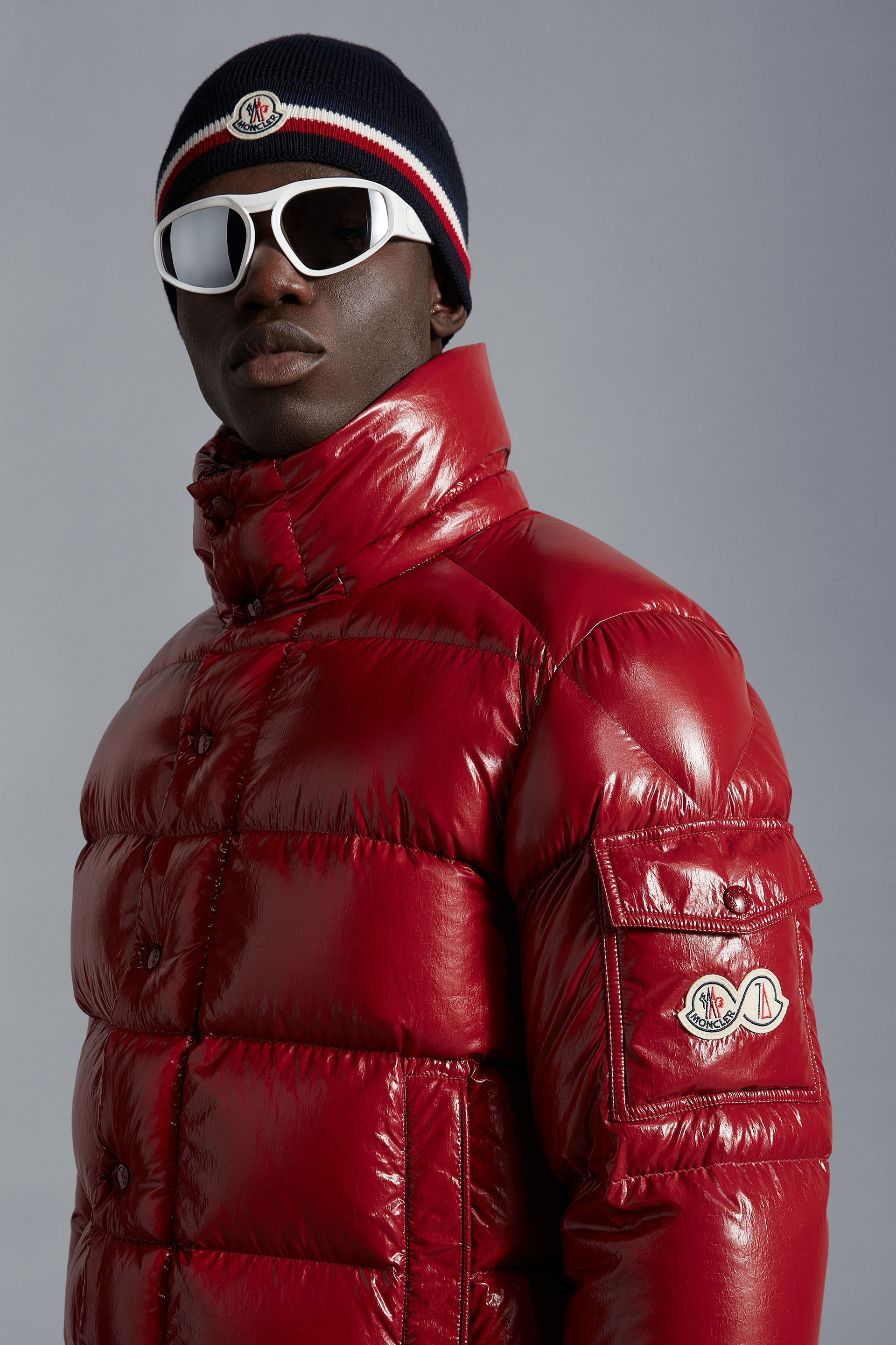 navy and red moncler jacket