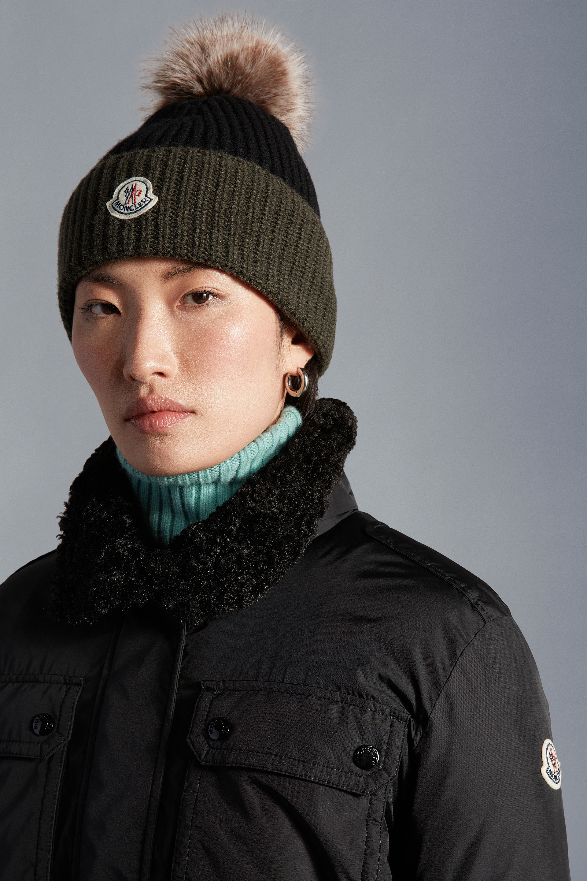Moncler Berretto Fur-trimmed Ribbed-knit Wool Beanie in Grey Womens Accessories Hats Grey 