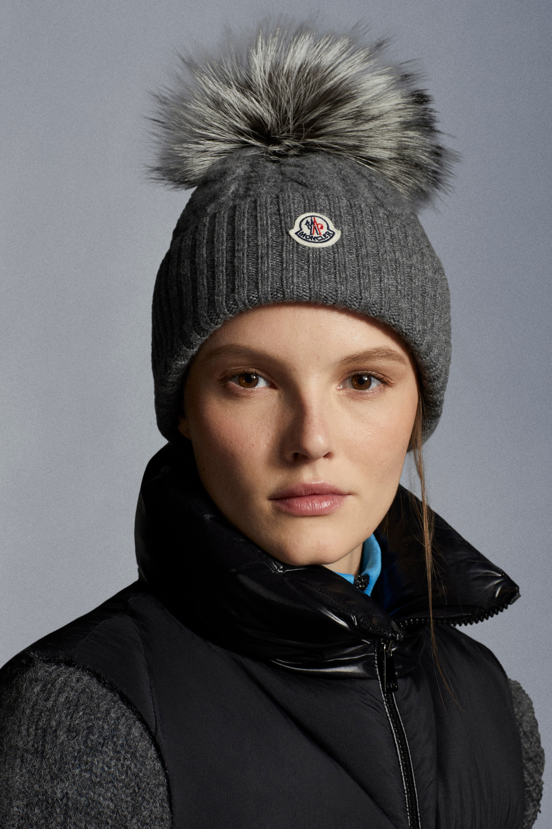 moncler ribbed wool beanie with fur pompom