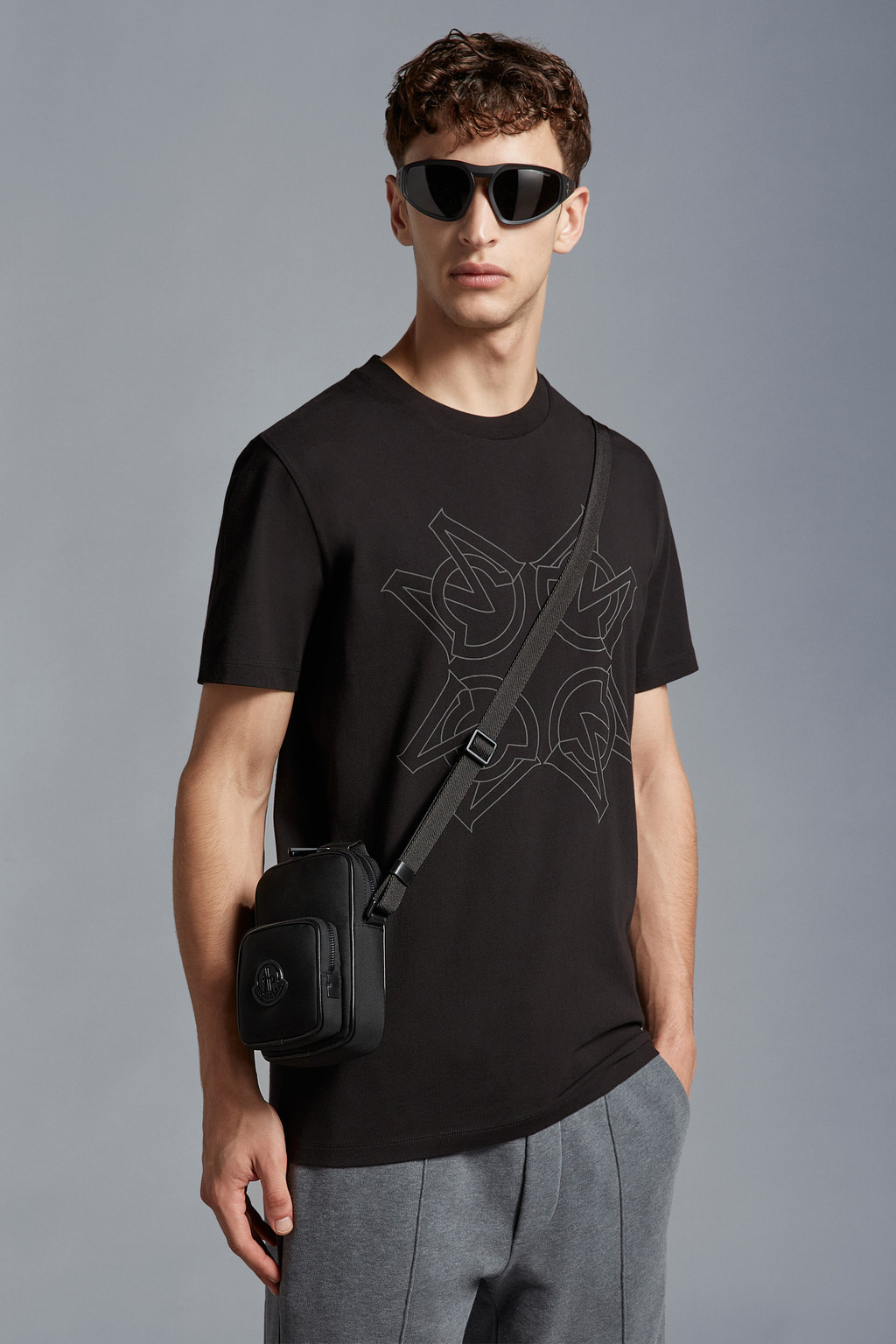 MEN'S PRINTED MONOGRAM CASUAL INK PRINTED SHIRT BLACK TOP WITH RHINESTONES main image 0