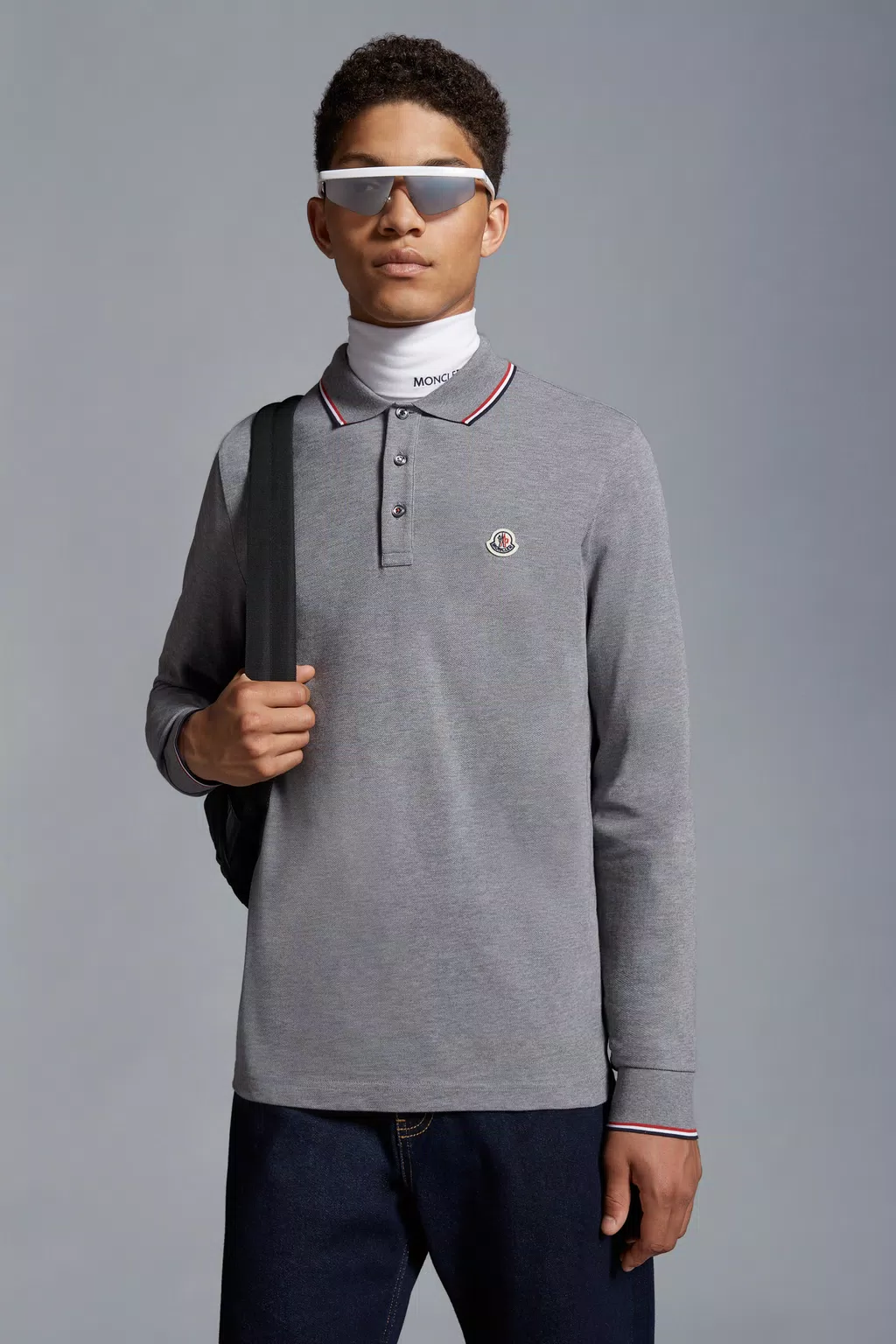 Long Sleeve Polo Shirt Men Gray Moncler 1