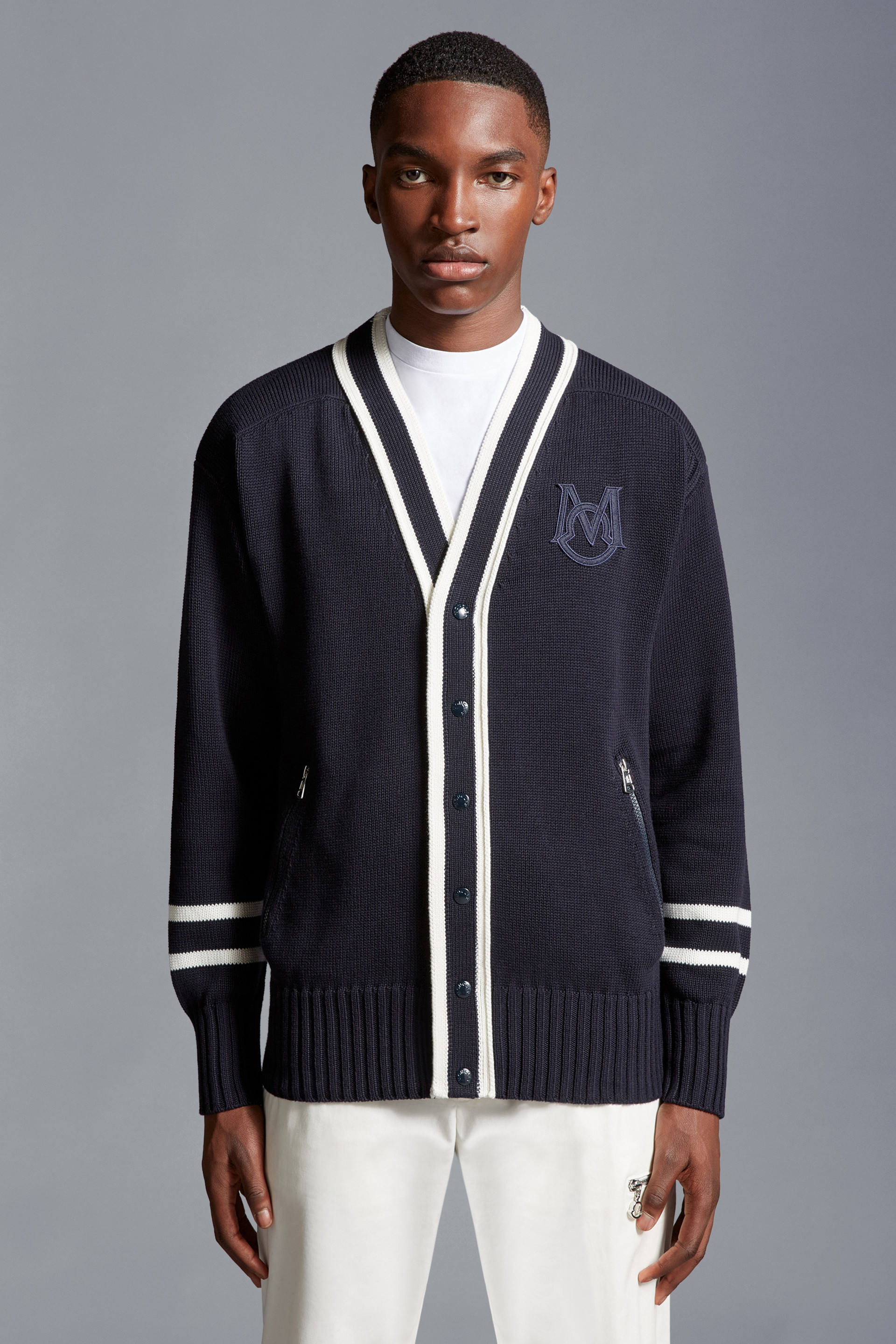 Navy Blue Monogram Cotton Cardigan - Sweaters & Cardigans for Men