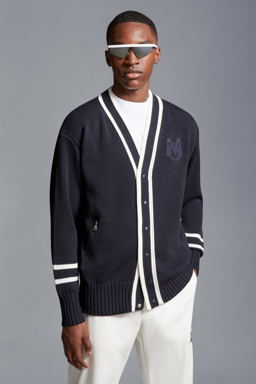 Navy Blue Monogram Cotton Cardigan - Sweaters & Cardigans for Men