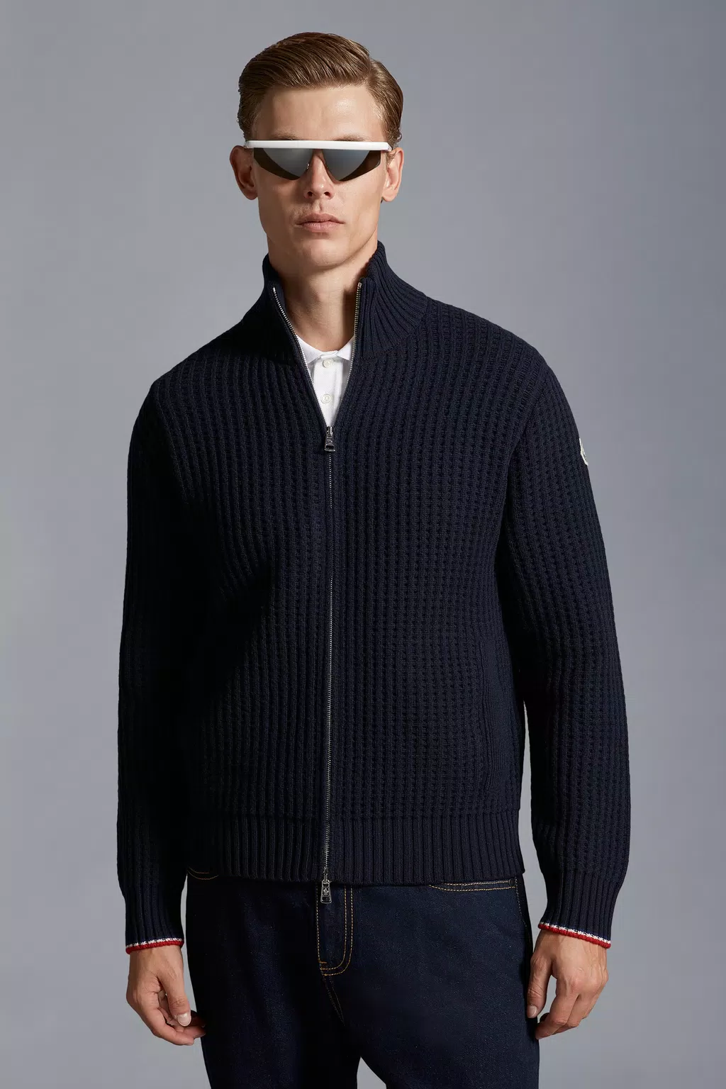 Wool & Cashmere Zip-Up Cardigan Men Night Blue Moncler 1