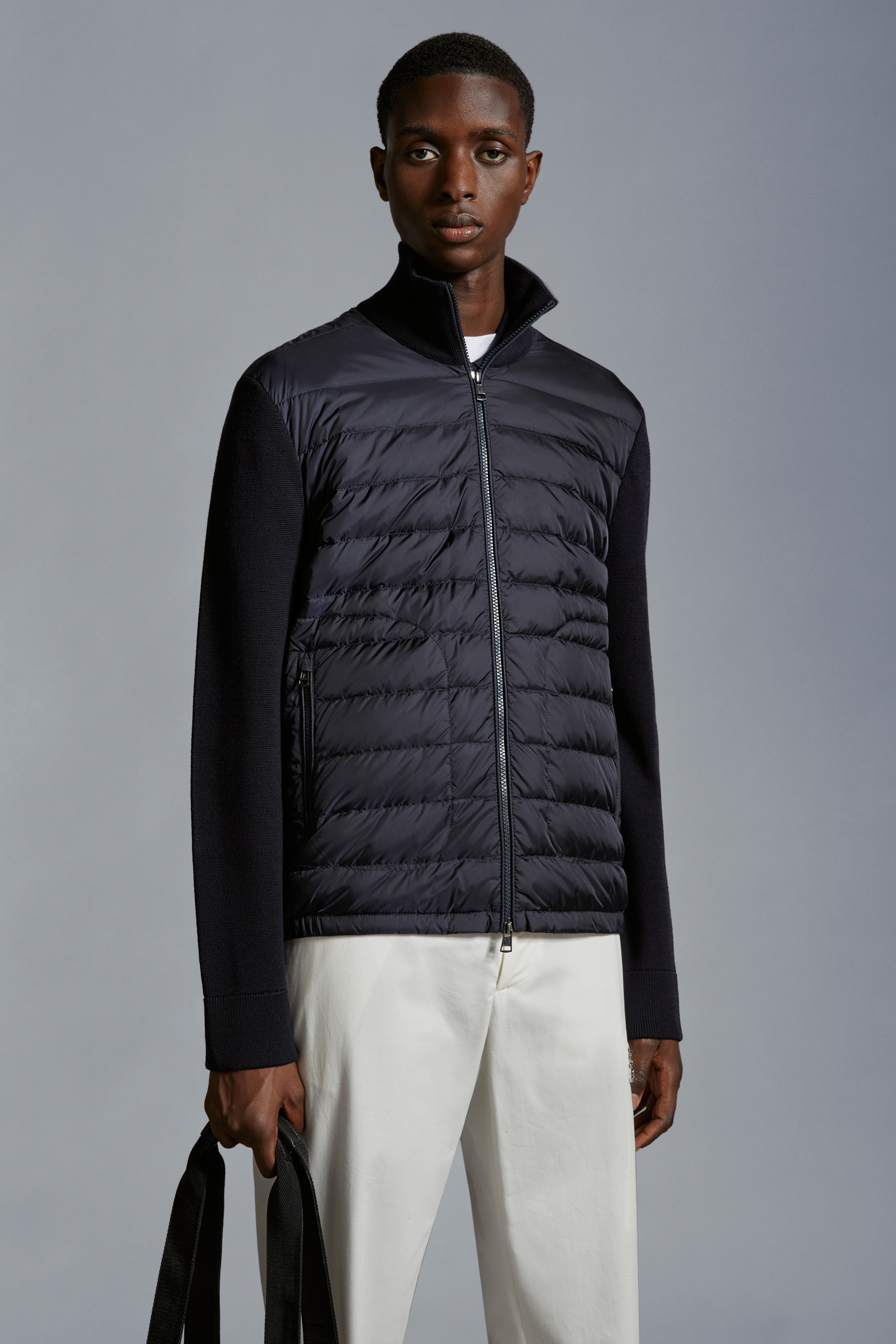 Navy Blue Padded Wool Cardigan - Sweaters & Cardigans for Men | Moncler US